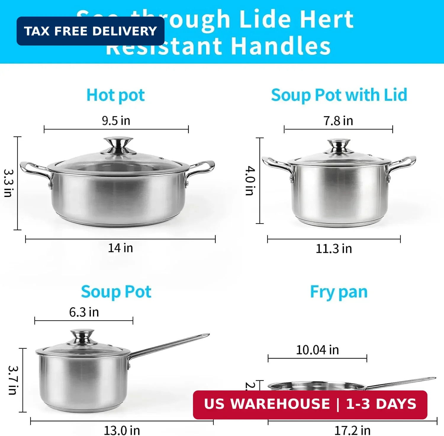 Stainless Steel Pots and Pans Set, 7-Piece Kitchen Cookware Sets with Glass Lids