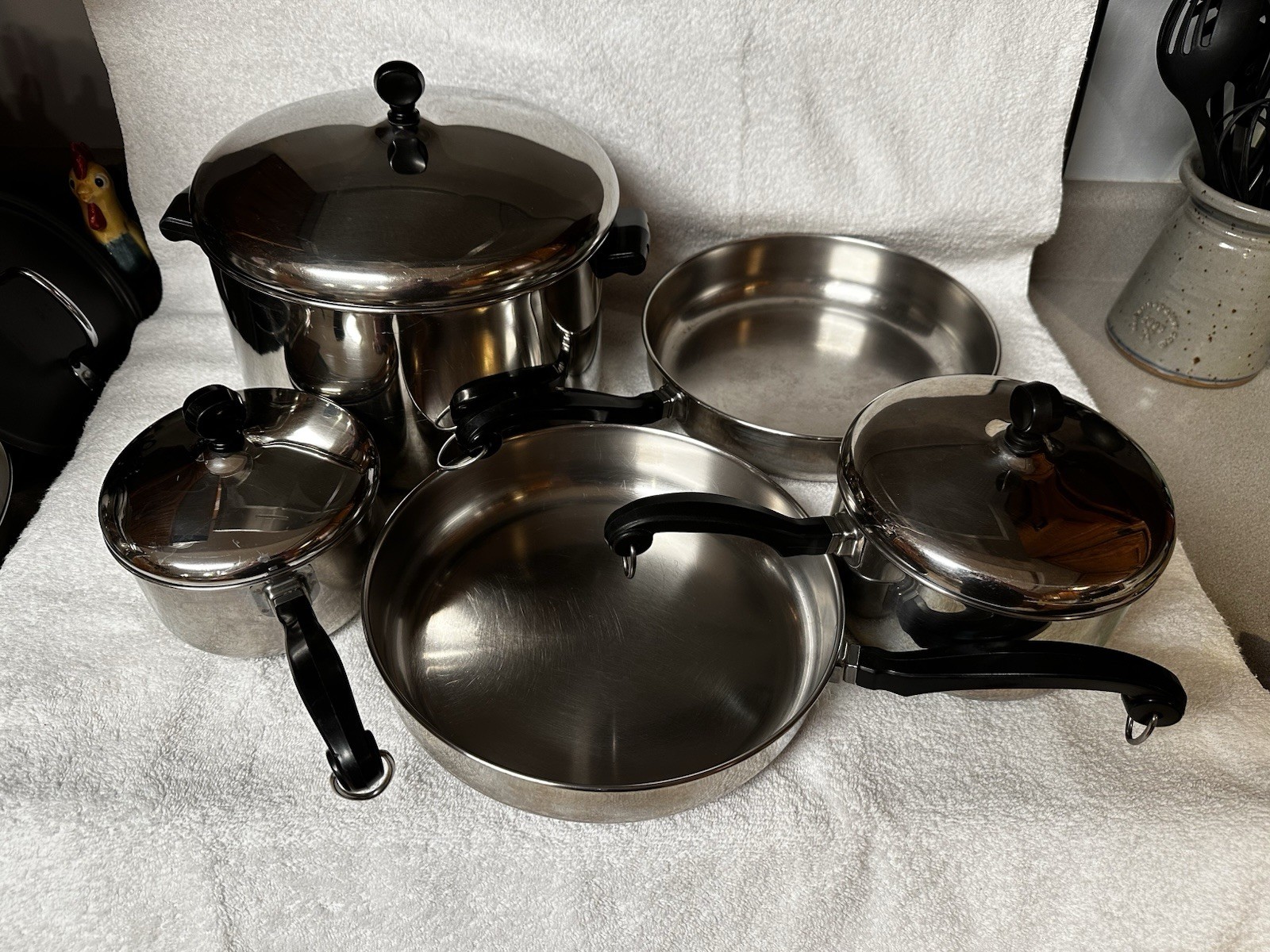 Farberware VTG 8 Piece Cooking Set Alum Clad SS Pots Pans Skillets Lids 8 Qt