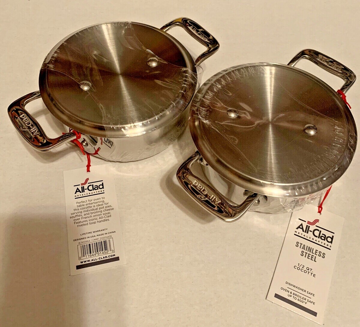 All-Clad Set of 2 Mini Cocottes w/ Lids 0.5 qt Stainless Steel New Sealed Tags
