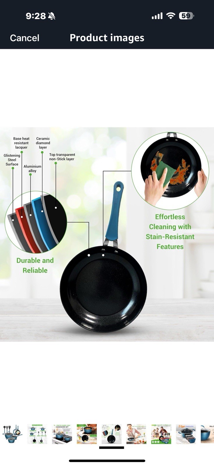 NutriChef 11 Pc Ceramic Cookware Set – Excilon Blue Diamond, Nonstick,