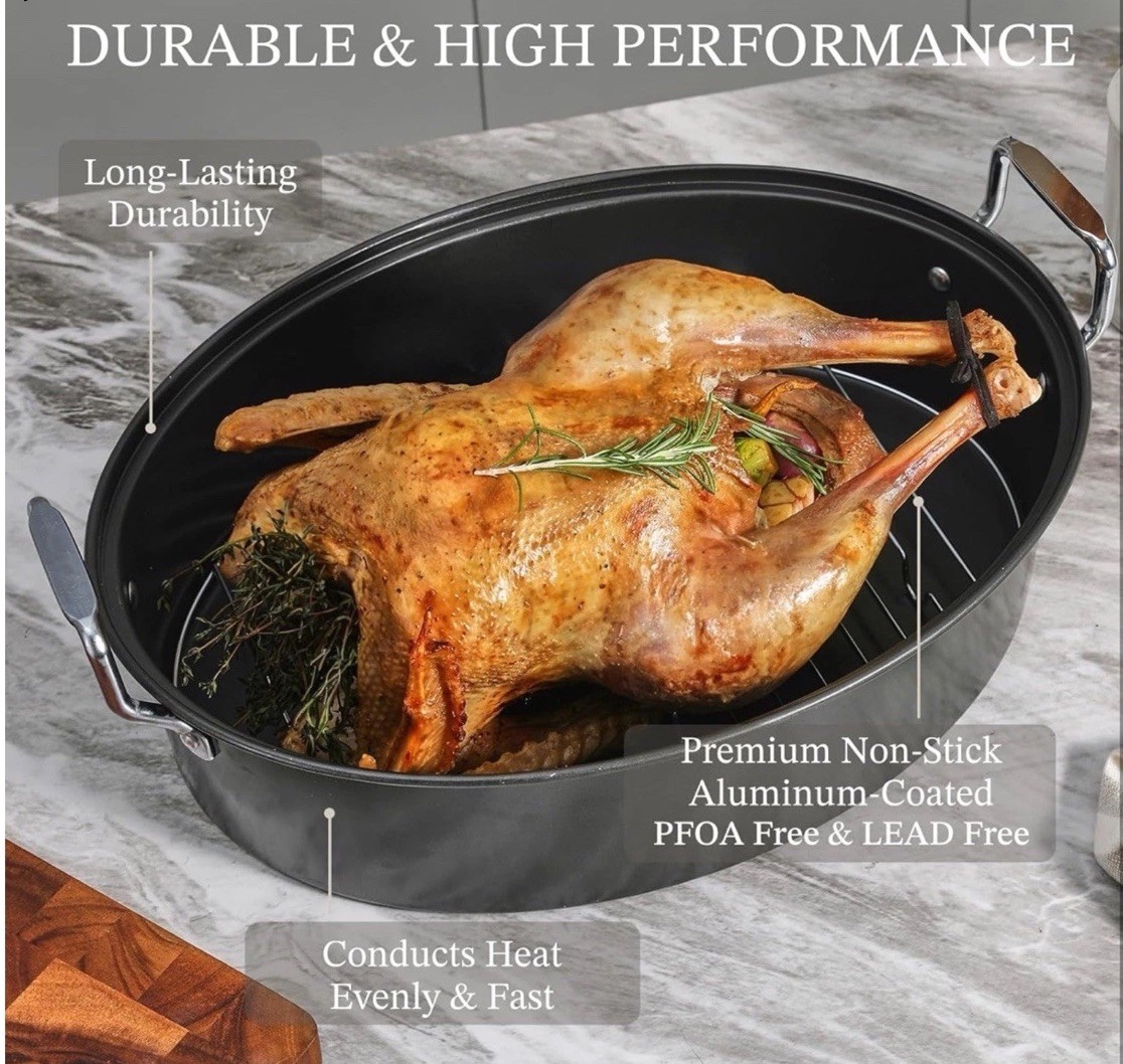Extra Large Roasting Pan, 18×14″ Oval, 25lb Turkey Roaster w/Lid & Rack Non-Stik