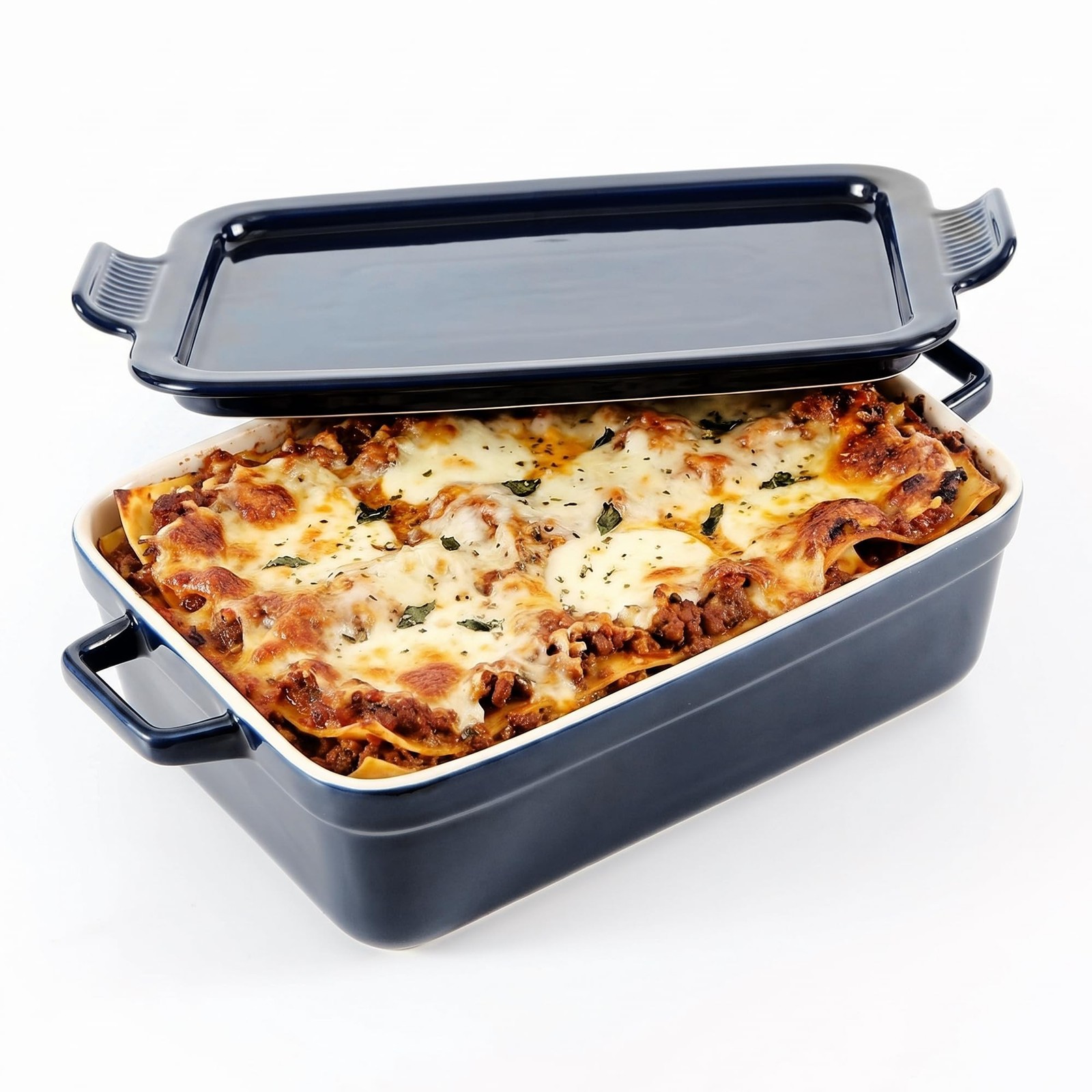 OVENTE Ceramic Baking Dish with Lid 3 Quart Rectangular Blue BP13BL