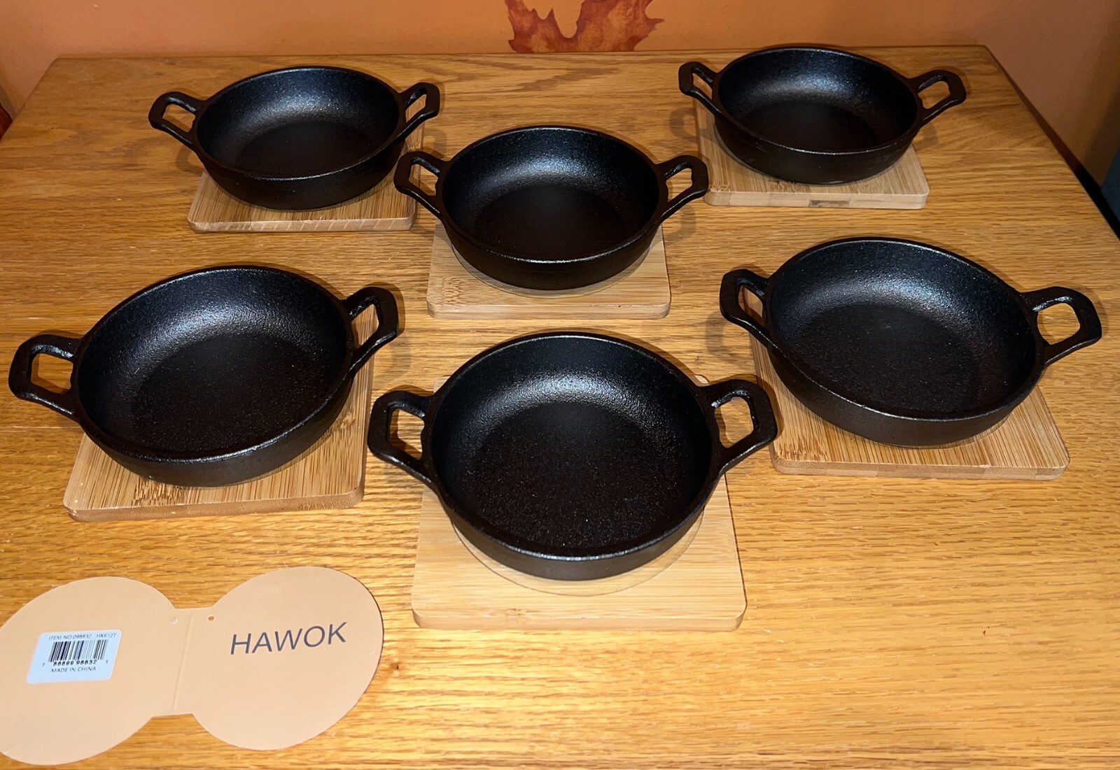 HAWOK Cast Iron Mini Serving Bowl 4.7” with Bamboo Tray/Trivet, Set 6 Casseroles