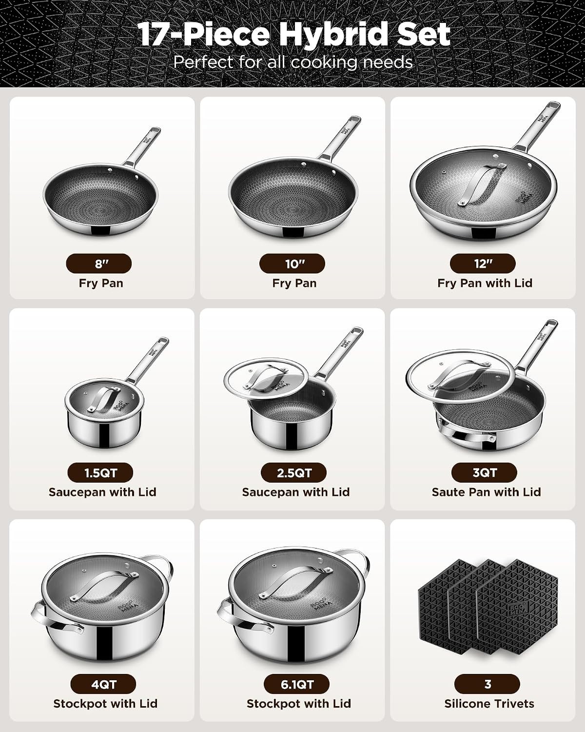 Pots and Pans Set Hybrid Stainless Steel, 17PC Nonstick Tri-Ply Cookware Set w/F