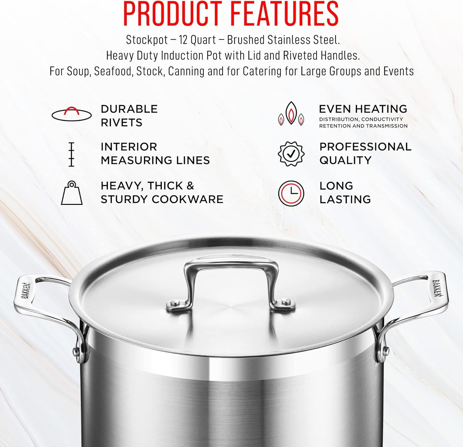 12-Quart Stockpot, Heavy Duty Stainless Steel, Induction, Lid & Riveted Handles