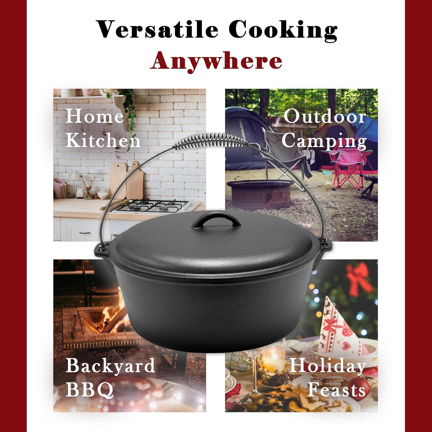 Cuisiland 12 Quart Cast Iron Dutch Oven with Dome Lid & Bail Handle