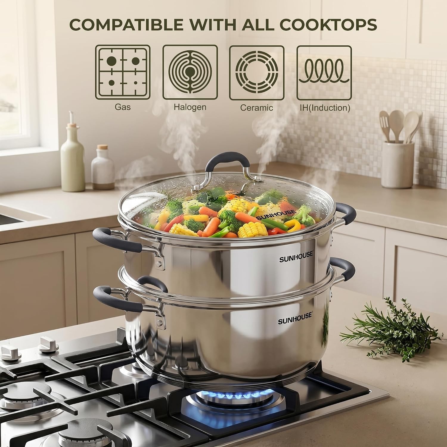 6.3Qt Stainless Steel Steamer Pot 2 Tier w/Glass Lid Induction
