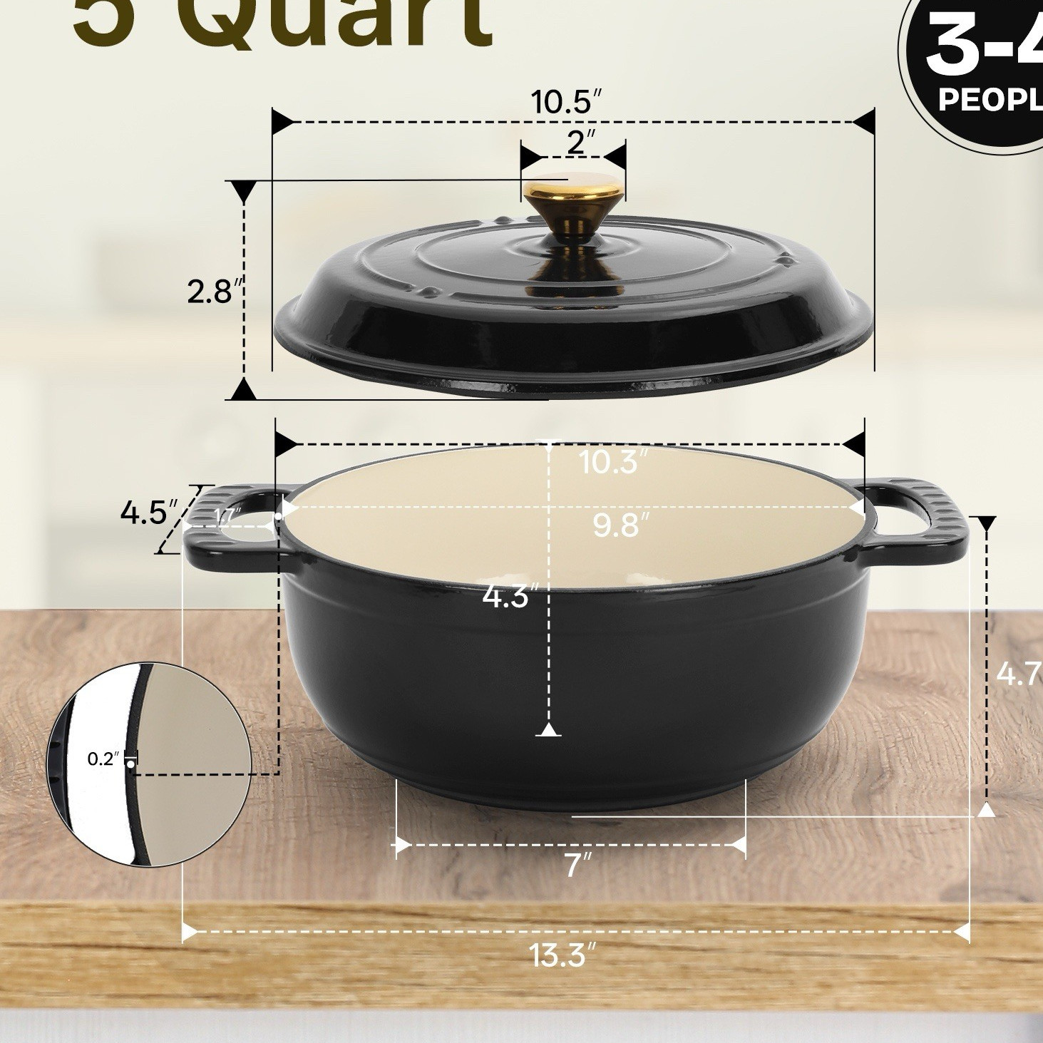 5 Qt Cast Iron Enamel Dutch Oven Casserole w/ Lid, Black, Induction/Gas
