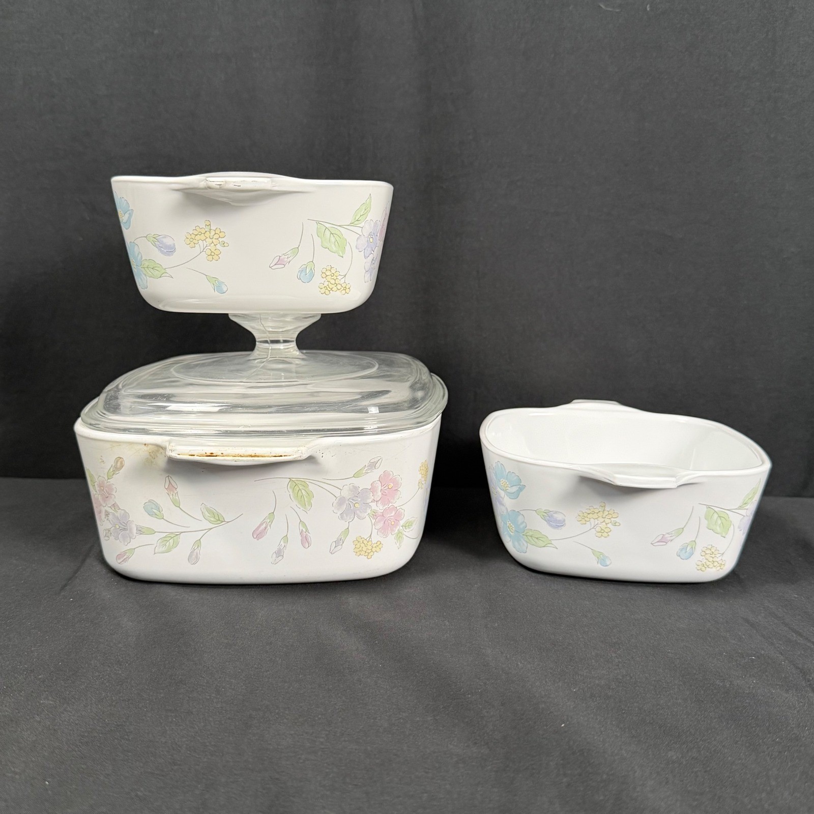 Corning Ware Pastel Bouquet Casserole Set 1.5L & Lid 2 Petite Pans VTG 1985-90