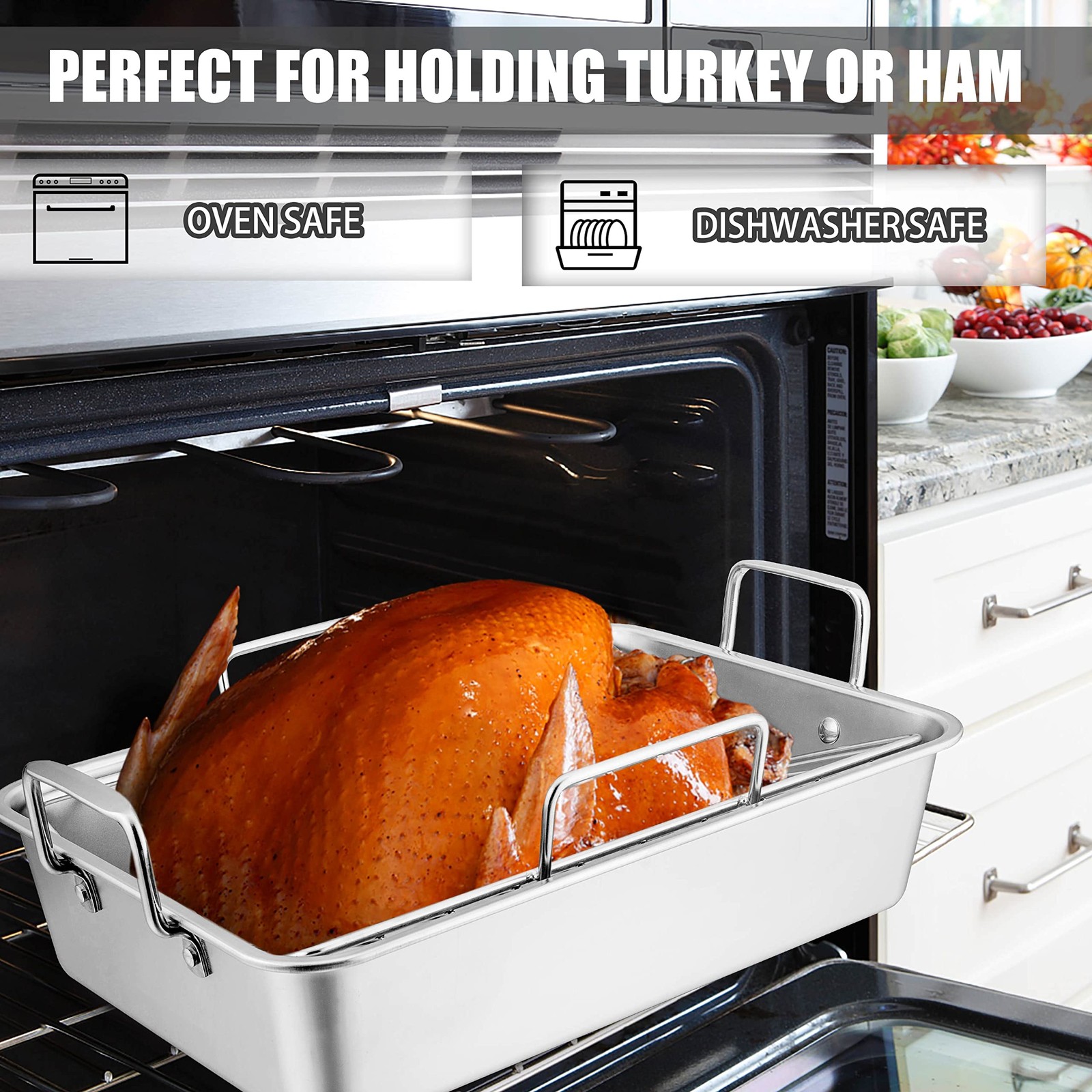 TeamFar Roasting Pan, Large Turkey Roaster Pan Stainless Steel Large, Silver