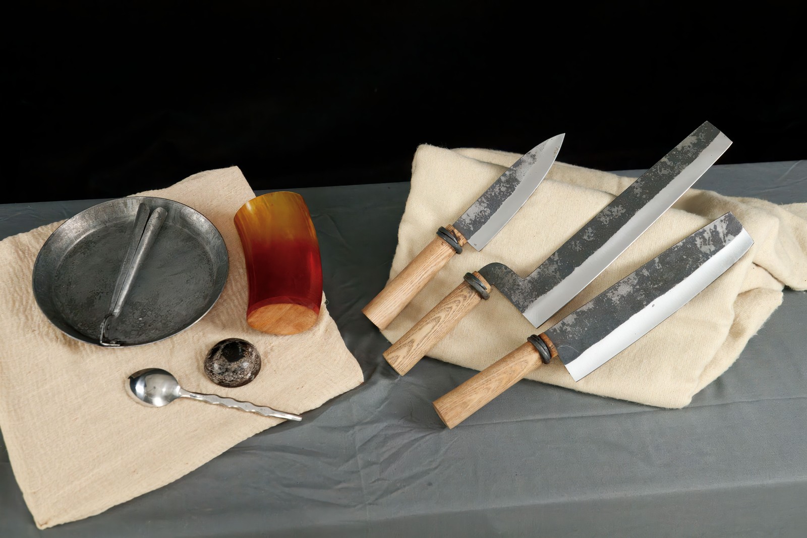 7pc Forged Medieval Chef Knife Set – Folding Pan, Bone Cup & Camp Cooking Tools
