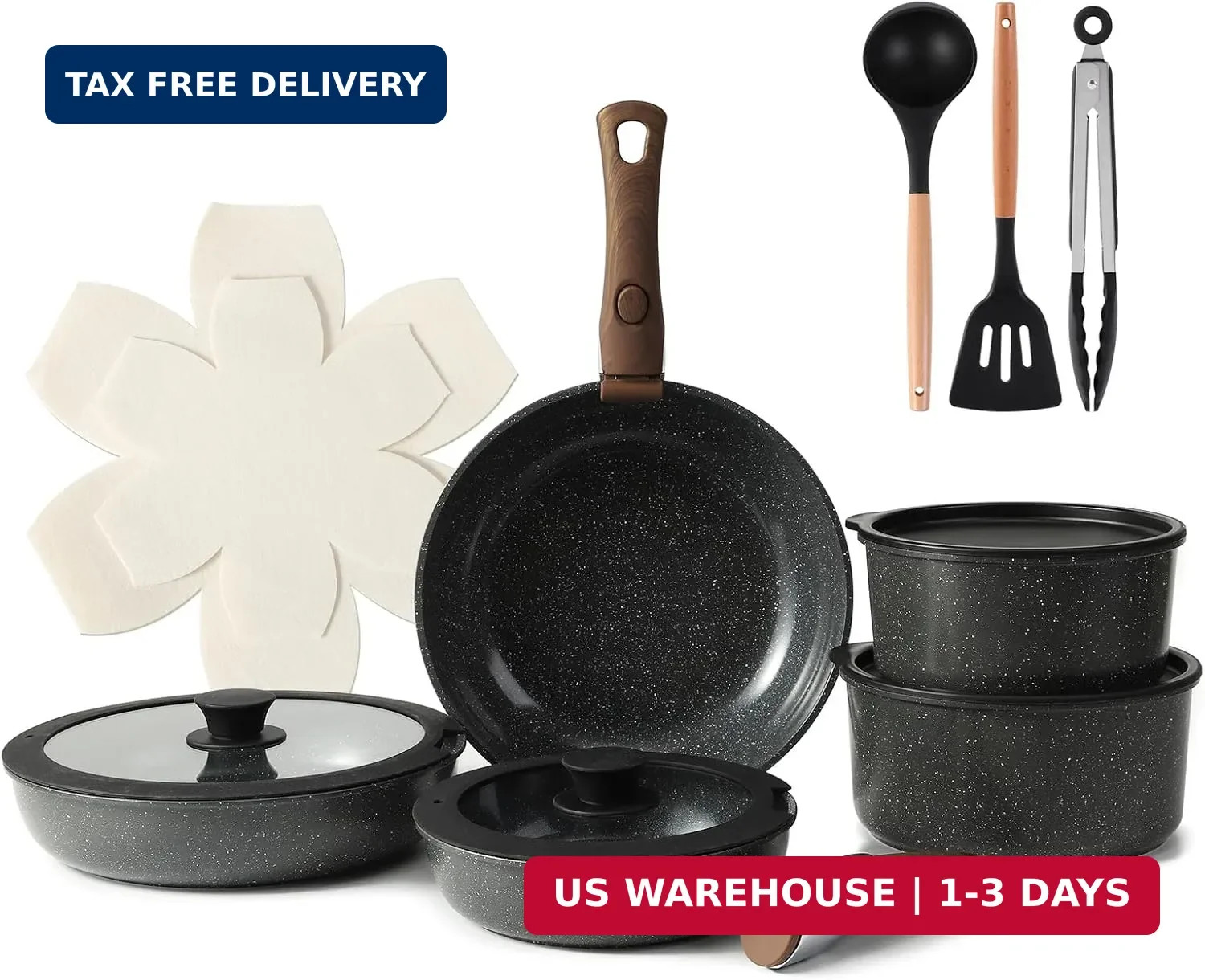 15PCS Ceramic Cookware Sets Detachable Handle Pots and Pans Set Non Stick (Black