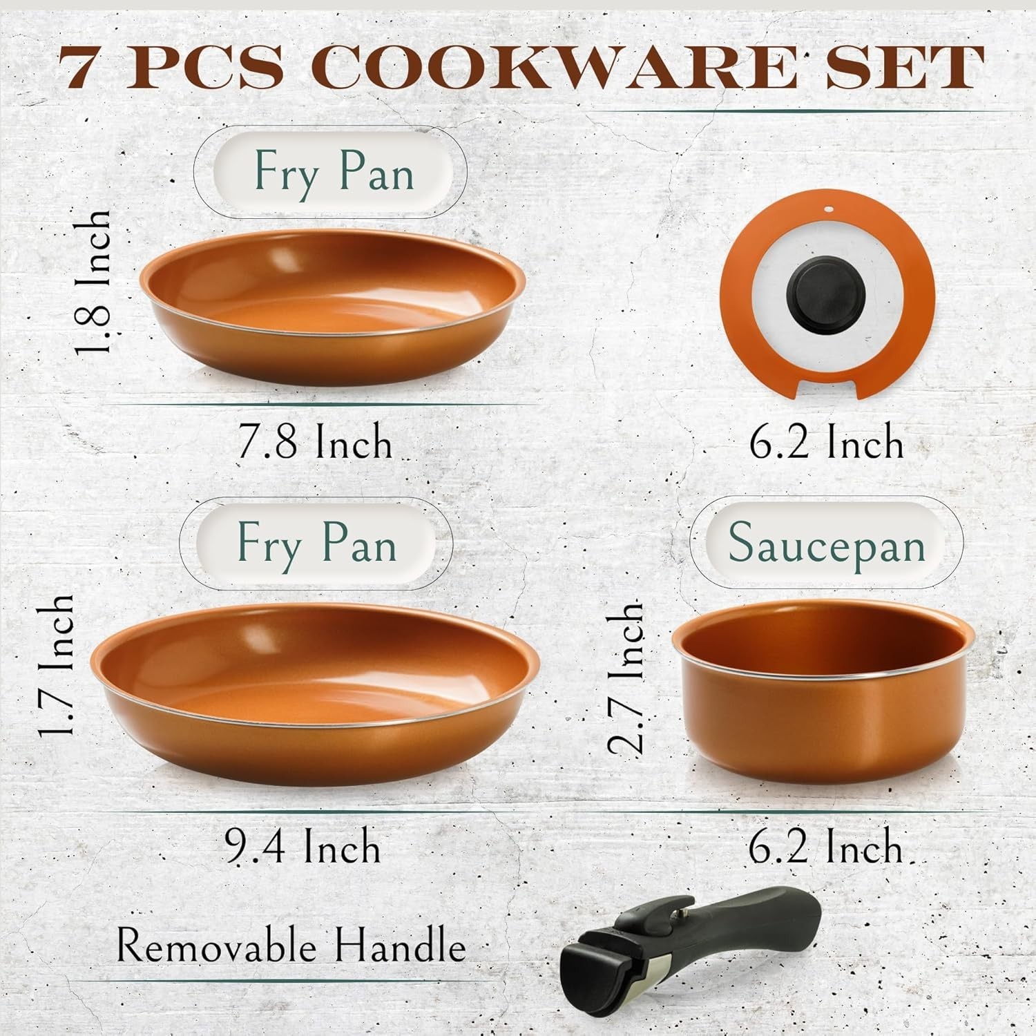 Nonstick Copper Cooking Set – 7 Pcs with Removable Handle, Ideal for Camping