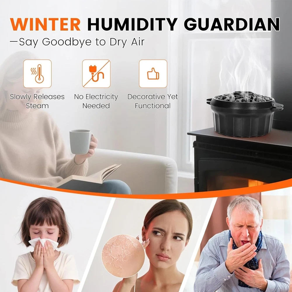 Wood Stove Steamer – Rust Resistant Cast Iron Humidifier Pot with Three-Layer Po