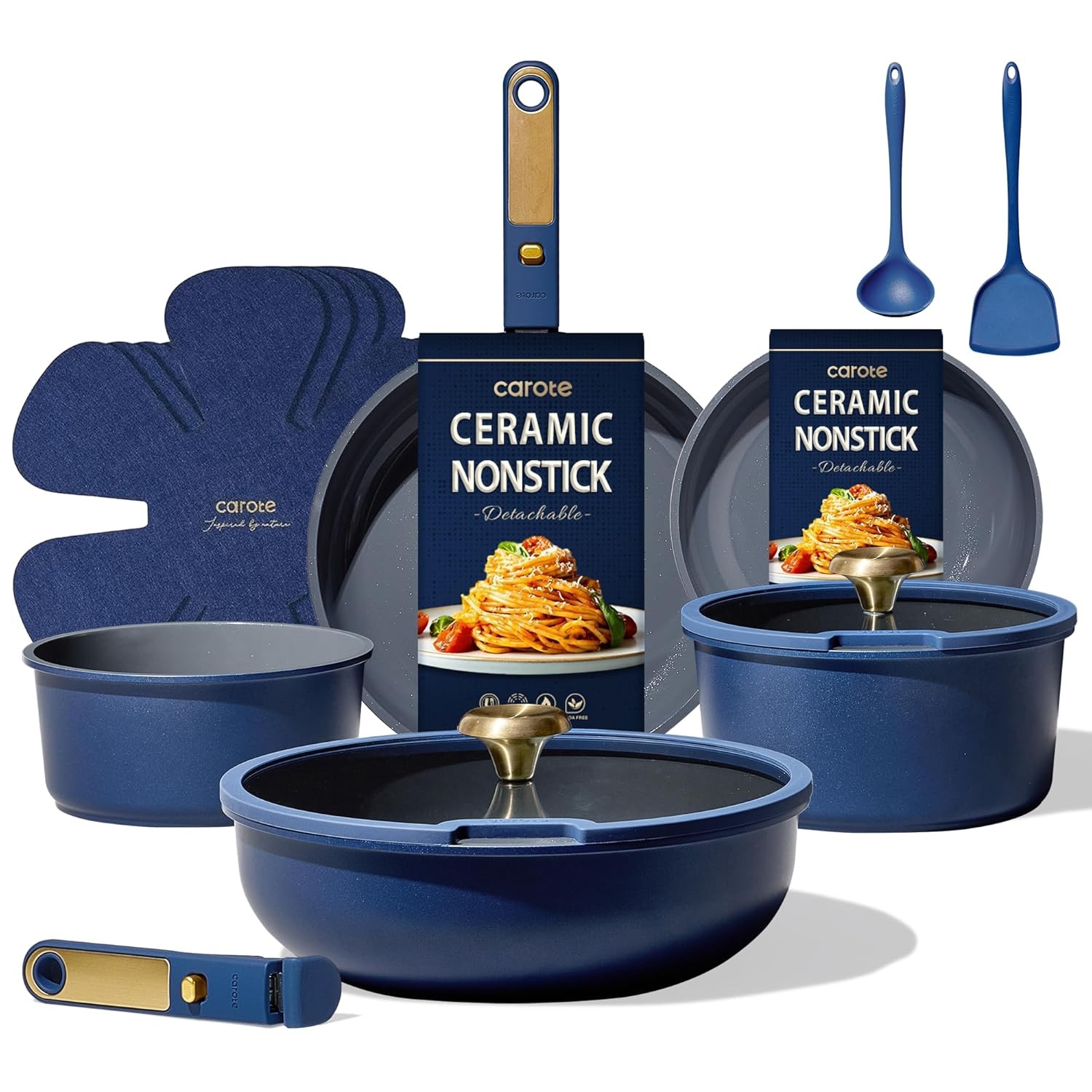 CAROTE Blue&Gold Ceramic Cookware Set Non Toxic, PFAS Free,15Pcs Pots and Pans S