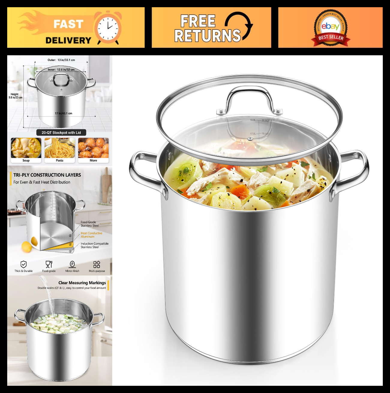 20 Quart Stainless Steel Stock Pot with Lid, Heavy Duty Induction Cookware, Cann