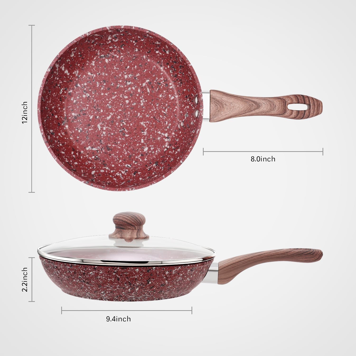 12″ Red Granite Non-Stick Frying Pan with Lid, Classic Pans with Non-Nonstick…