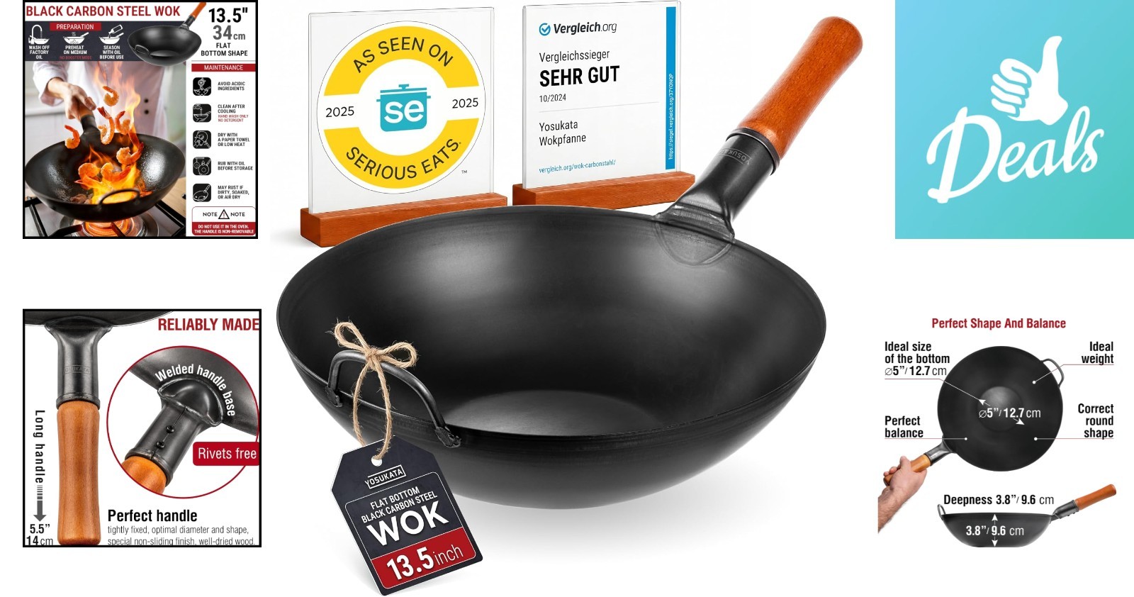 Authentic 13.5” Carbon Steel Wok with Ergonomic Handle – Versatile Cooking