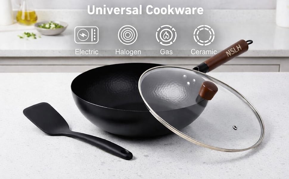 12.6 Inch Carbon Steel Wok Pan with Glass Cover, Pre-Seasoned Nonstick Flat