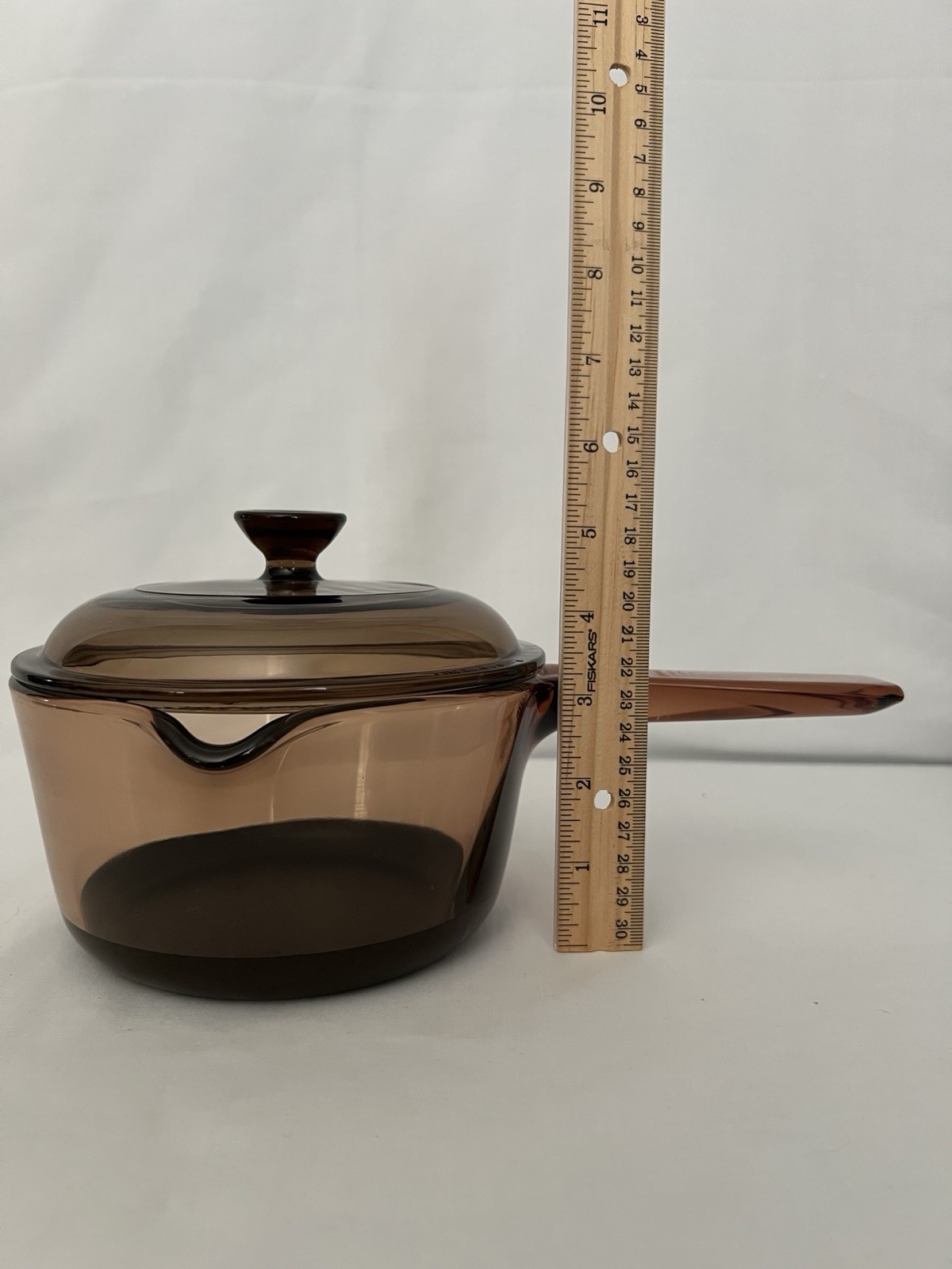 Corning Ware Vision Amber Glass 1 Liter Sauce Pot Pyrex W/ Lid Pour Spout Teflon