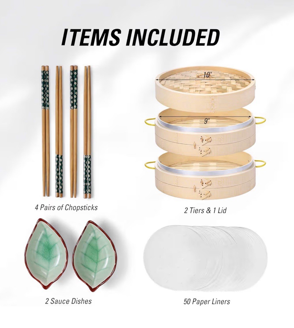 10″ Bamboo Steamer Basket Set – 2 Tier Dumpling Steamer with Handles & Liners
