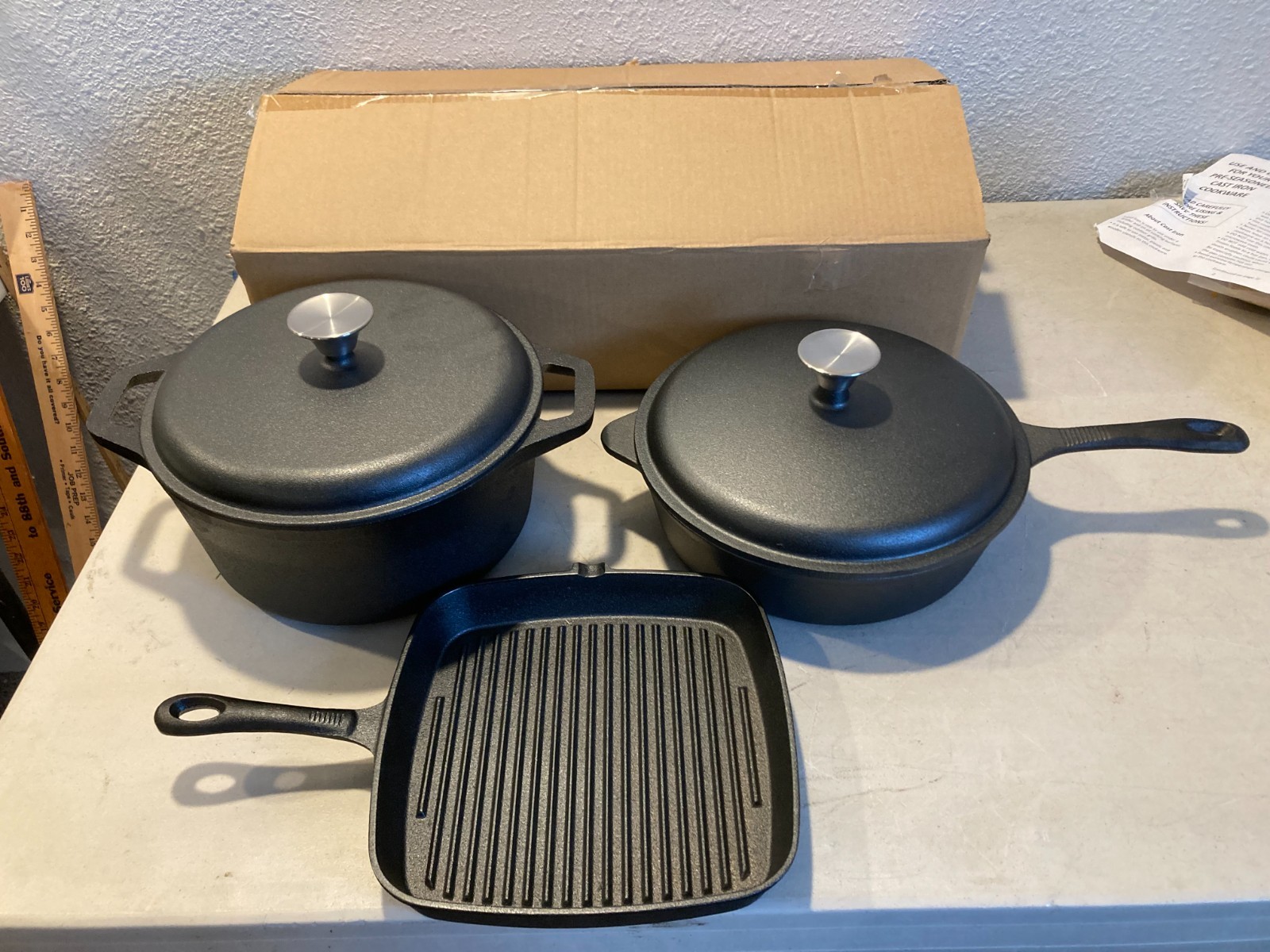 5pc Cast Iron Cookware Set Dutch Oven Skillet Grill Pan w/Lids