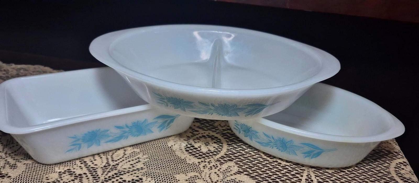 Vintage Casserole Dish Set Blue Thistle by Glasbake Milk Glass Blue Floral 3pcs