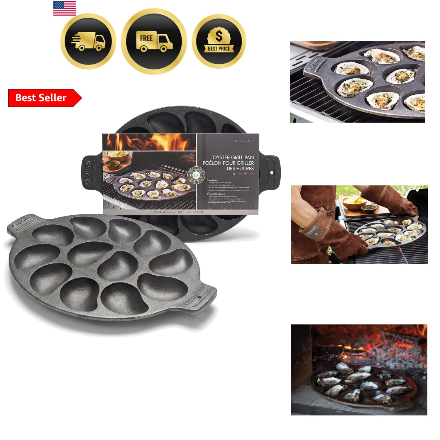 Cast Iron Oyster Grill Pan, 12 Cavities, Black Oyster BBQ and Serving Pan