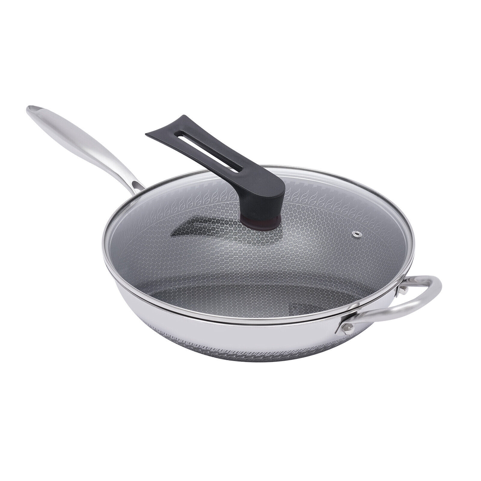 Non Stick Double Sided Honeycomb Cooking Frying Wok Pan with Lid Stainless Steel