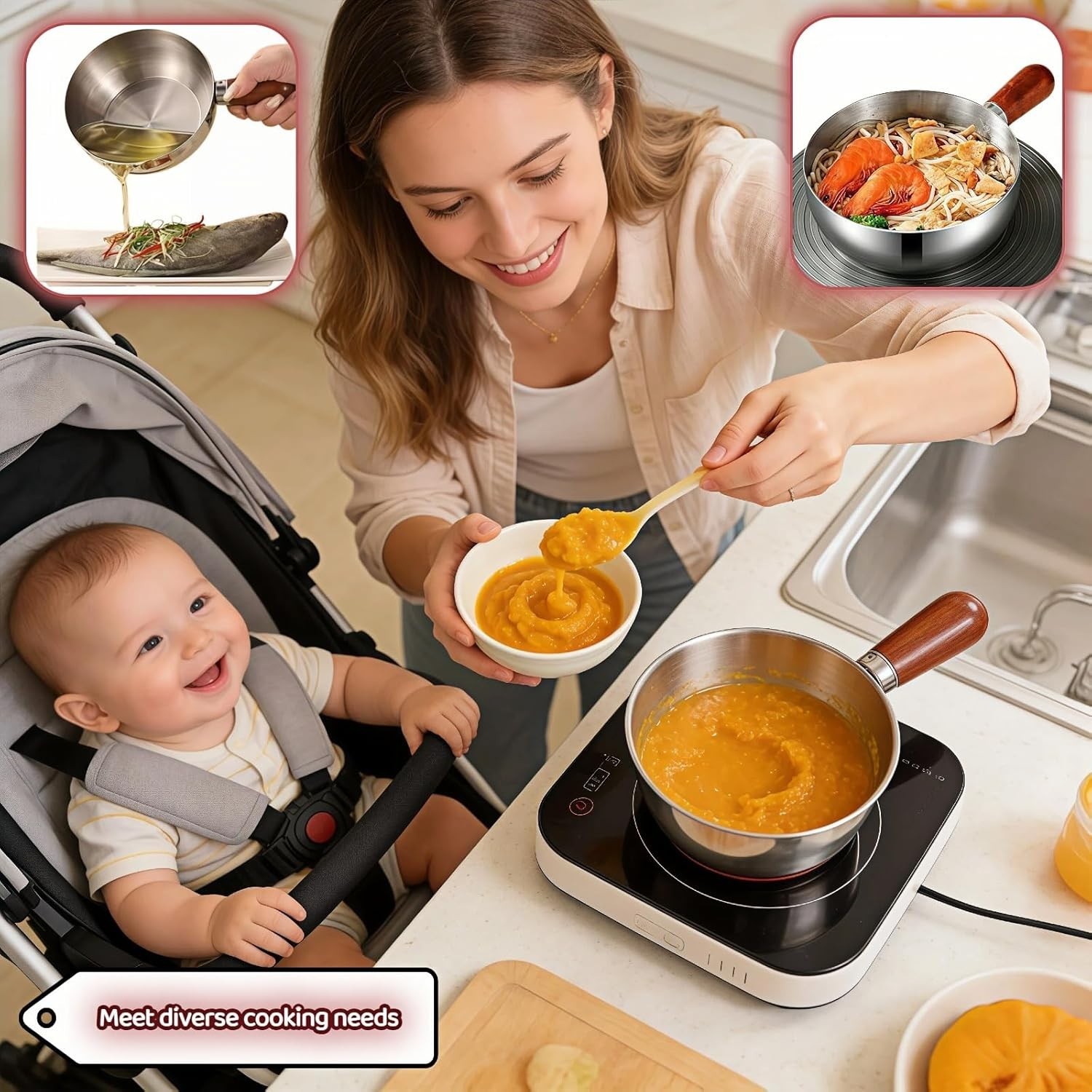 800ml/27oz Wood Handle Saucepan – 316 Stainless Steel, Multi-Use Induction Co…