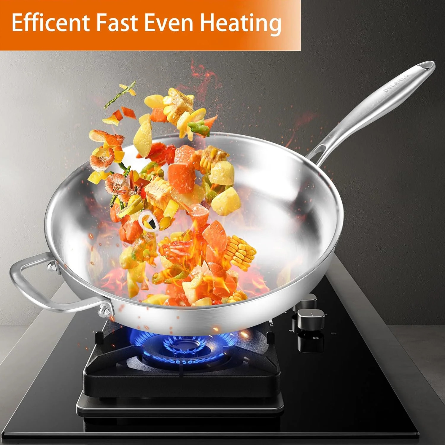 DELARLO Tri-Ply Stainless Steel Pan with Lid 12inch丨Compatible with All Cooktops
