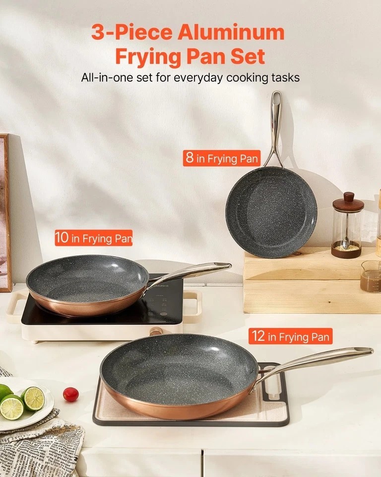 Frying Pan Skillet, Aluminum Egg Fry Pans, 3 Piece (8, 10, 12 in), Nonsitck