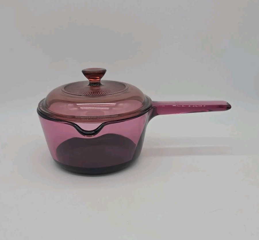 Vtg Corning Ware Vision Cranberry Glass 1L Sauce Pan Pot Teflon Bottom Pyrex Lid
