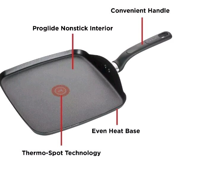 T-FAL ~ GRAY ~ 10.25″ Square Griddle ~ Non-Stick ~ Thermo-Spot ~ Oven Safe