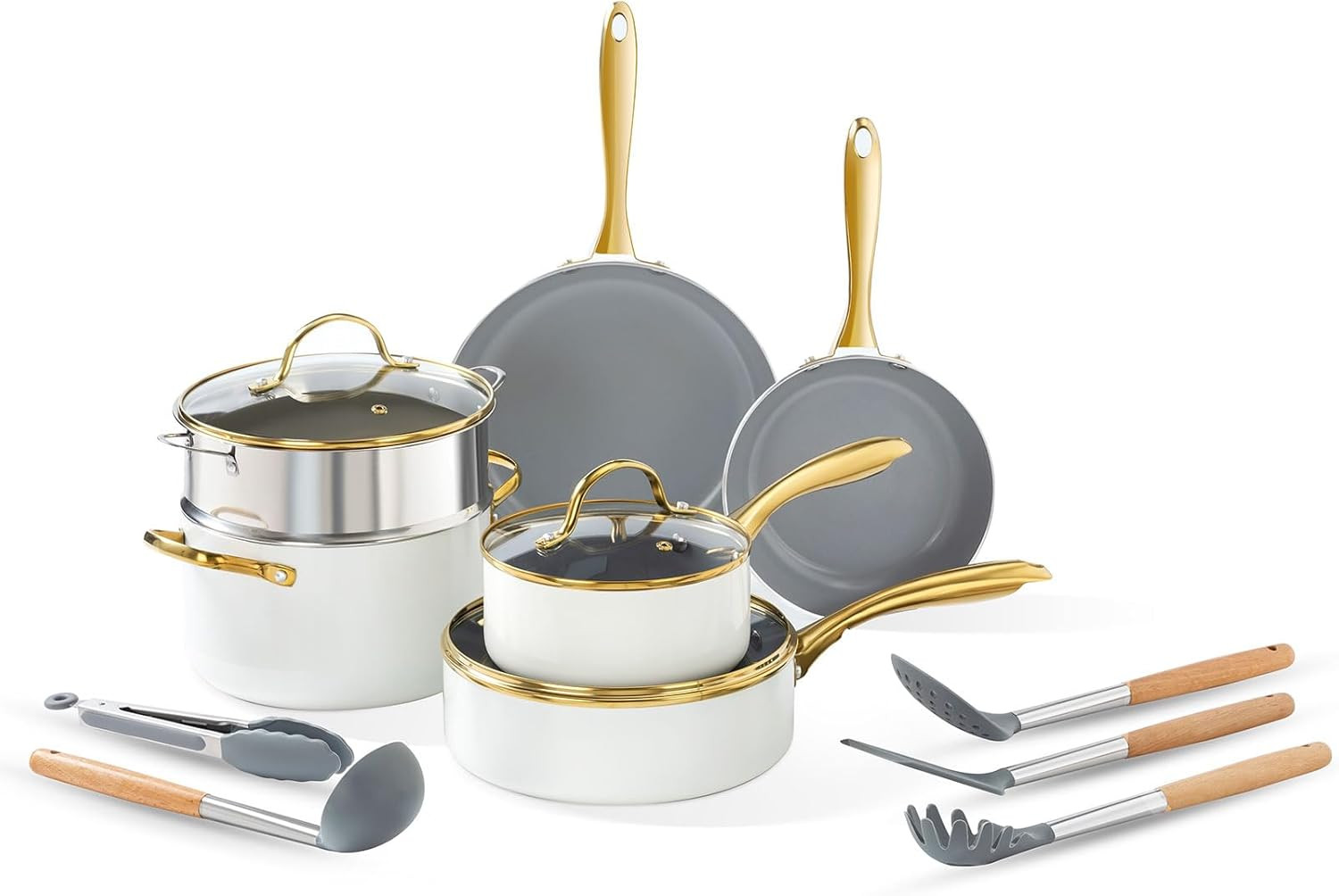Non-Toxic Ceramic Cookware Set, 14-Pcs Nonstick Induction Pots & Pans Set