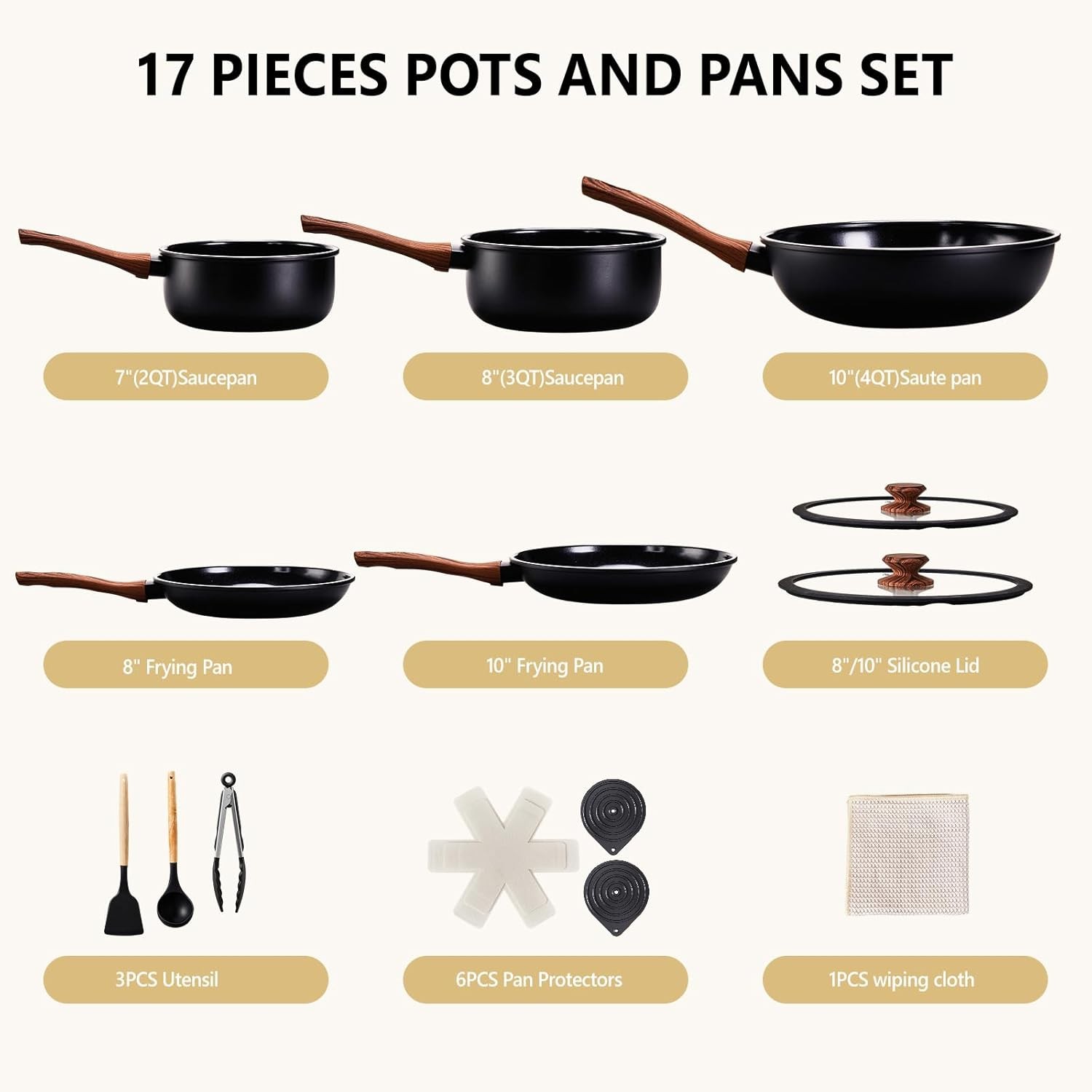 17-Piece Nonstick Cookware Set, Cast Aluminum Pots Pans with Lids & Utensils New