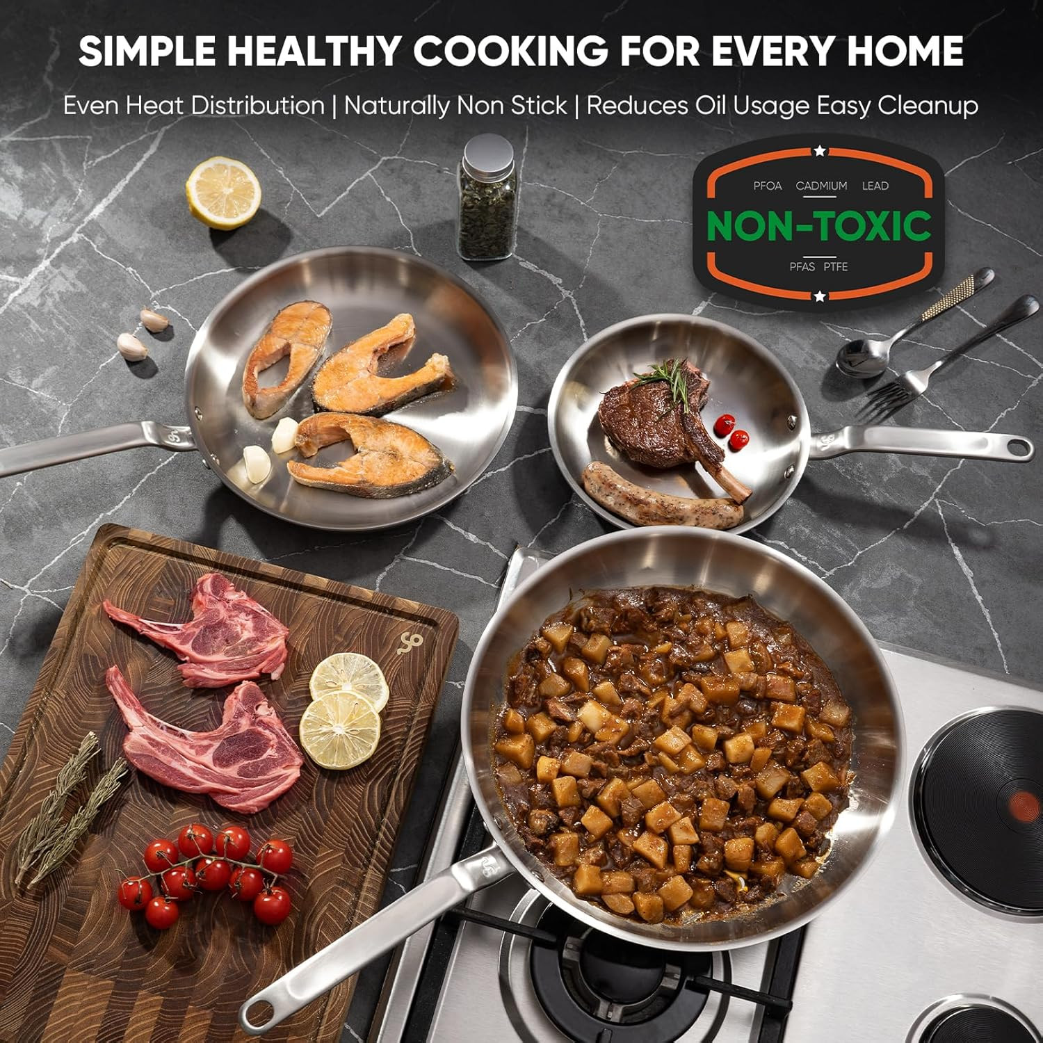 12 Inch Stainless Steel Frying Pan – 5 Ply Stainless Clad Skillet with Aluminum