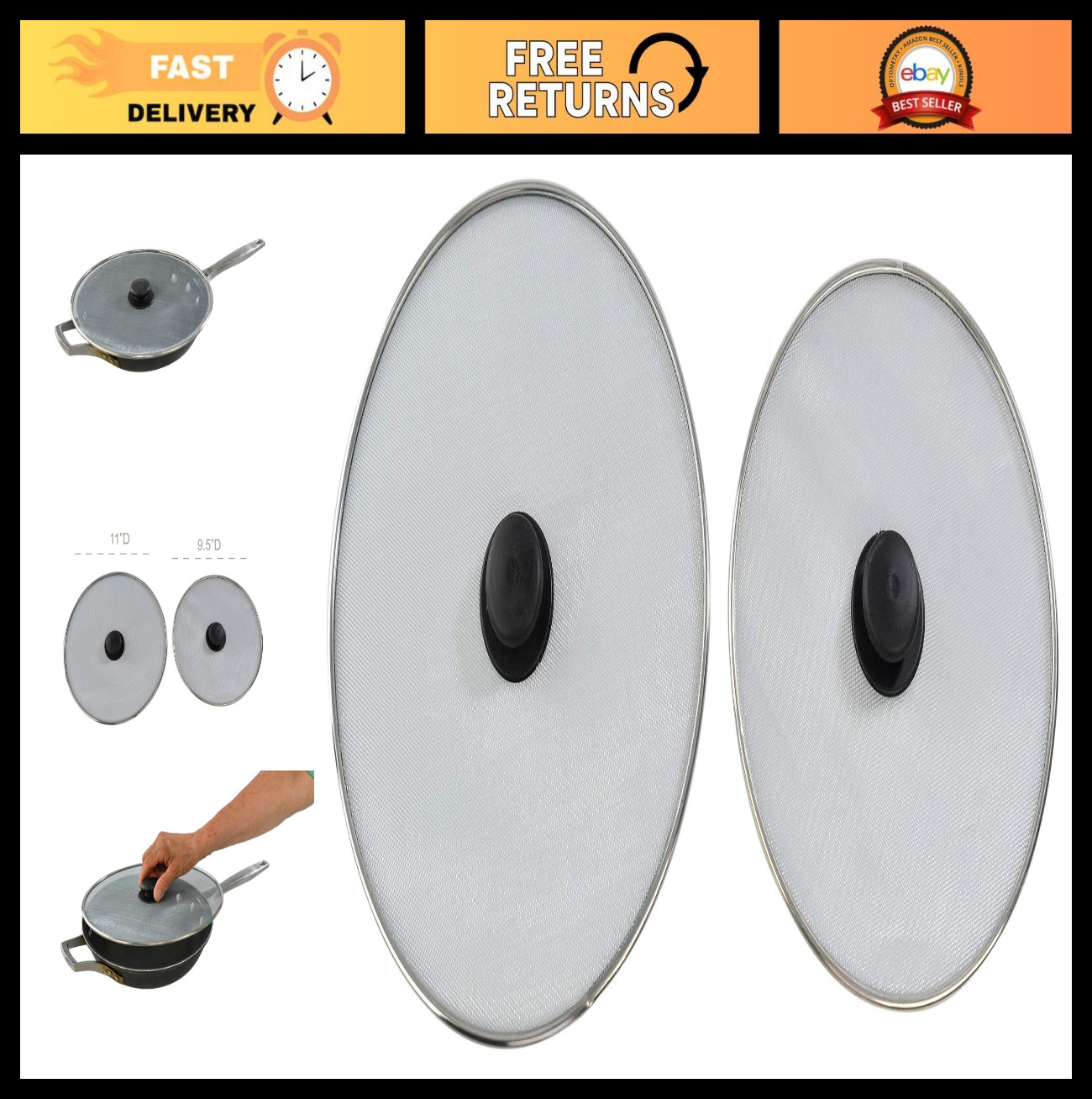 Anti-Splatter Frying Pan Lid Set of 2 – Stainless Steel Mesh Splash Guard, 11.25