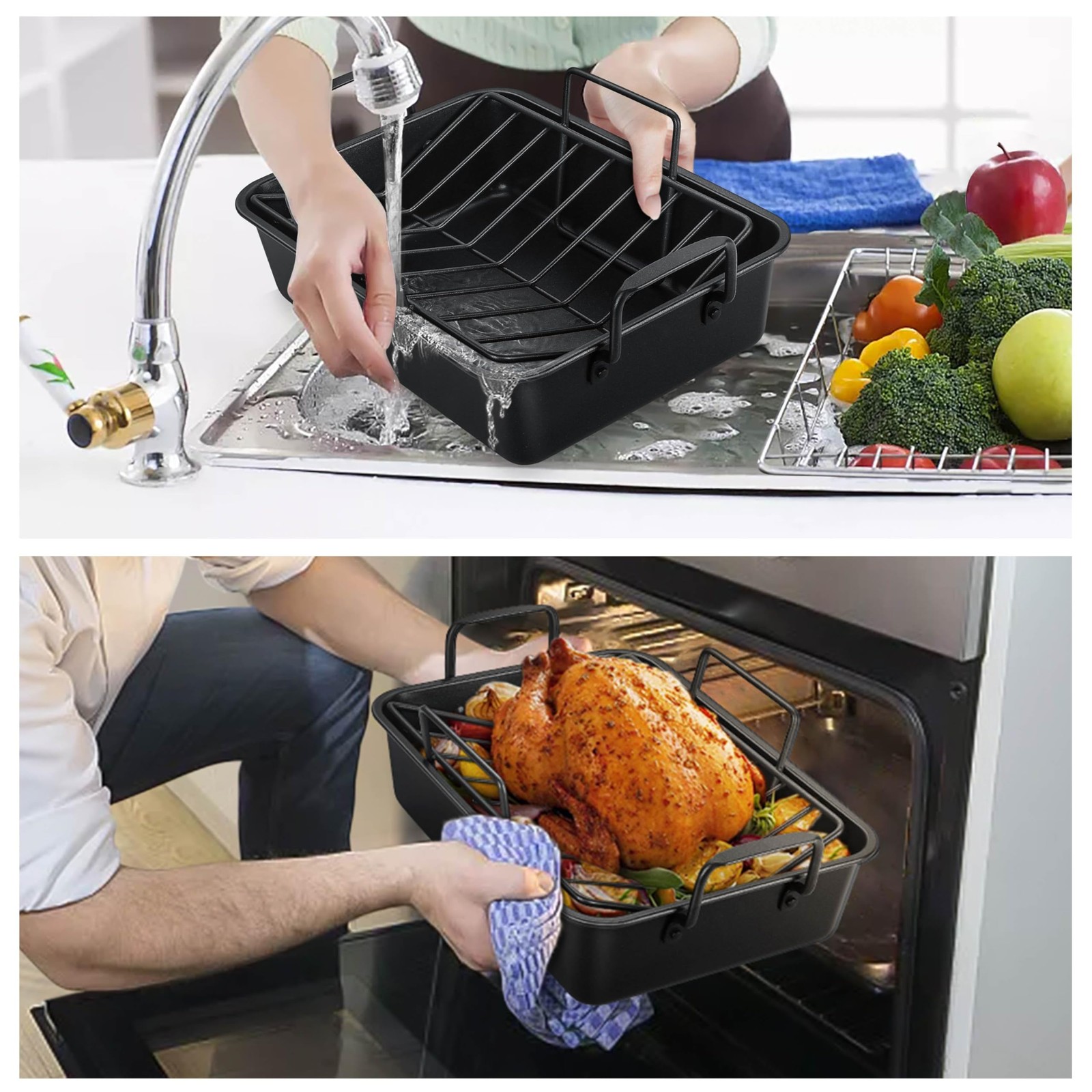 TeamFar Roasting Pan, 14inch Coated Turkey Roaster Lasagna Pan with V-Shaped Rac