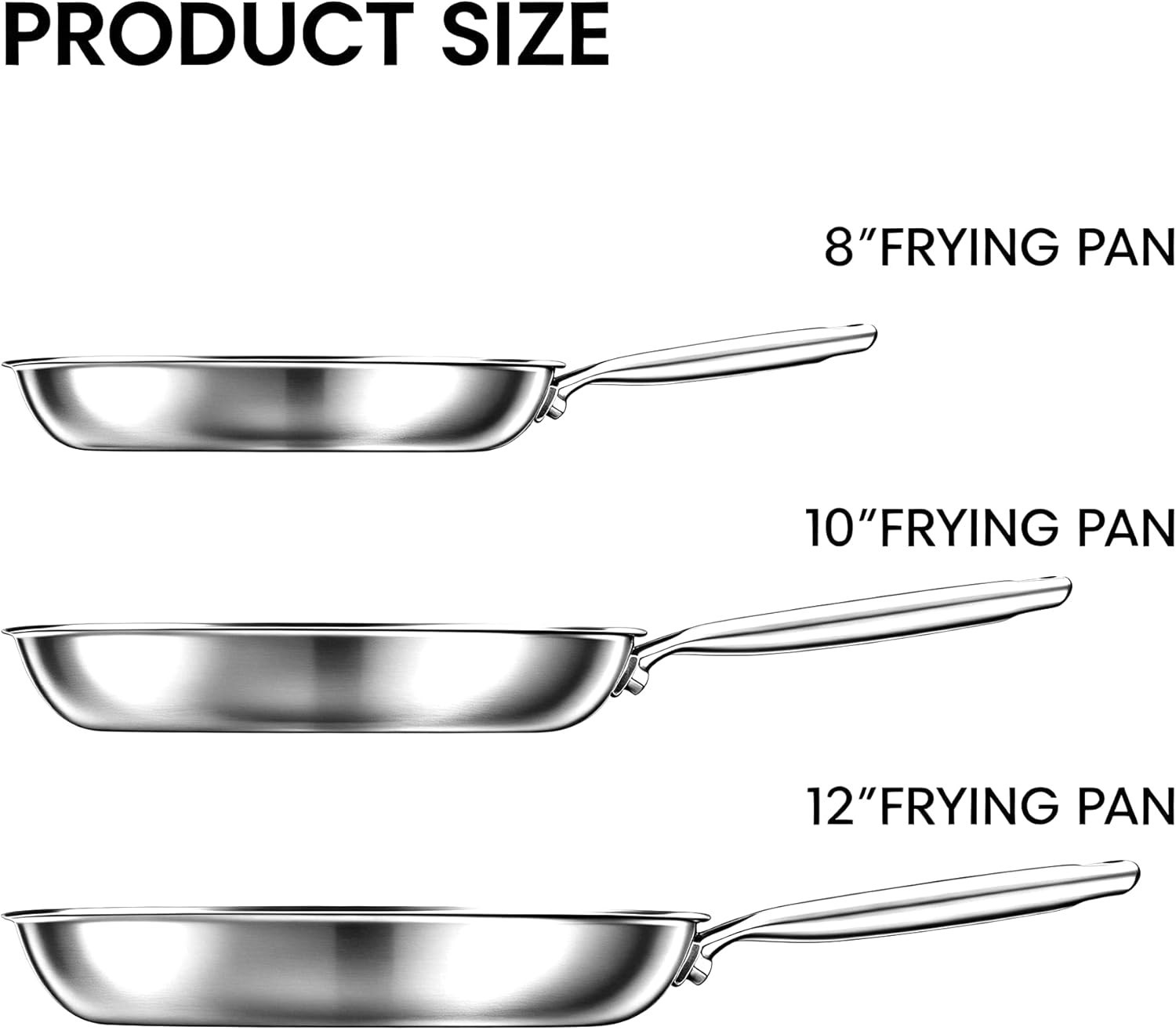 New 3Pc Stainless Steel Frying Pan Set 8 10 12in Induction