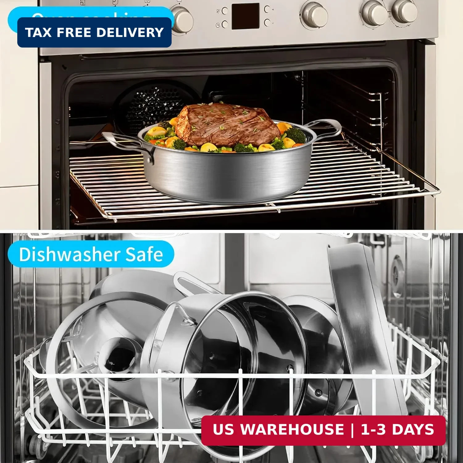 Stainless Steel Pots and Pans Set, 7-Piece Kitchen Cookware Sets with Glass Lids