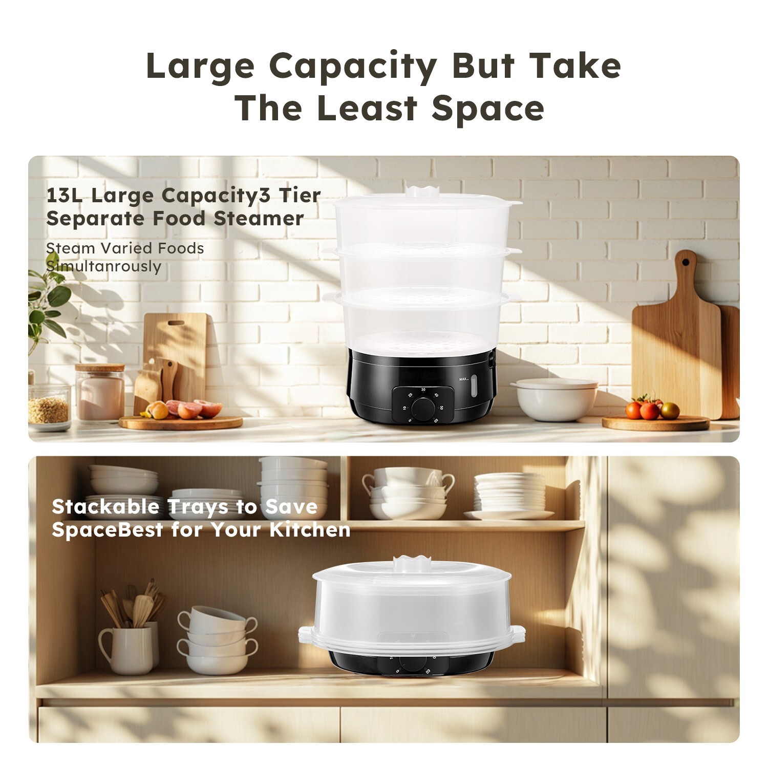 13.7QT Electric Steamer, 3-Tier , 800W, 60-Min Timer, for Veggies & Seafood