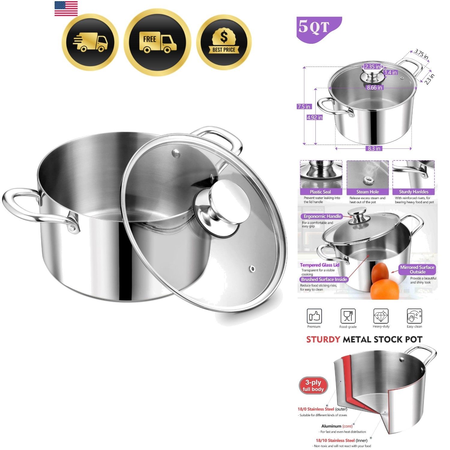 Stock Pot 5 Quart Stainless Steel Soup Pasta Cooker Induction Dishwasher Safe