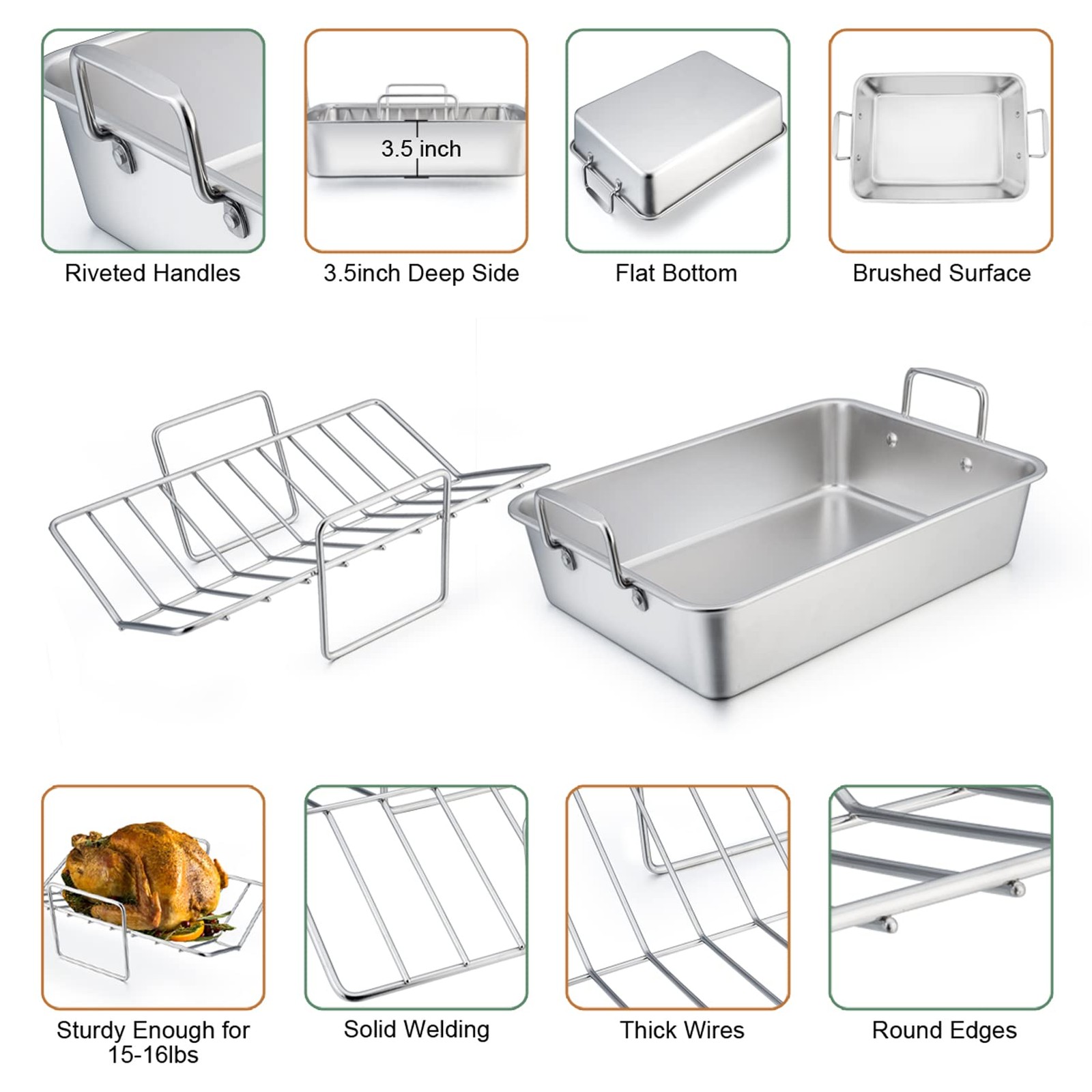 TeamFar Roasting Pan with Rack, 14 Inch Stainless Steel Turkey Roaster Lasagna P