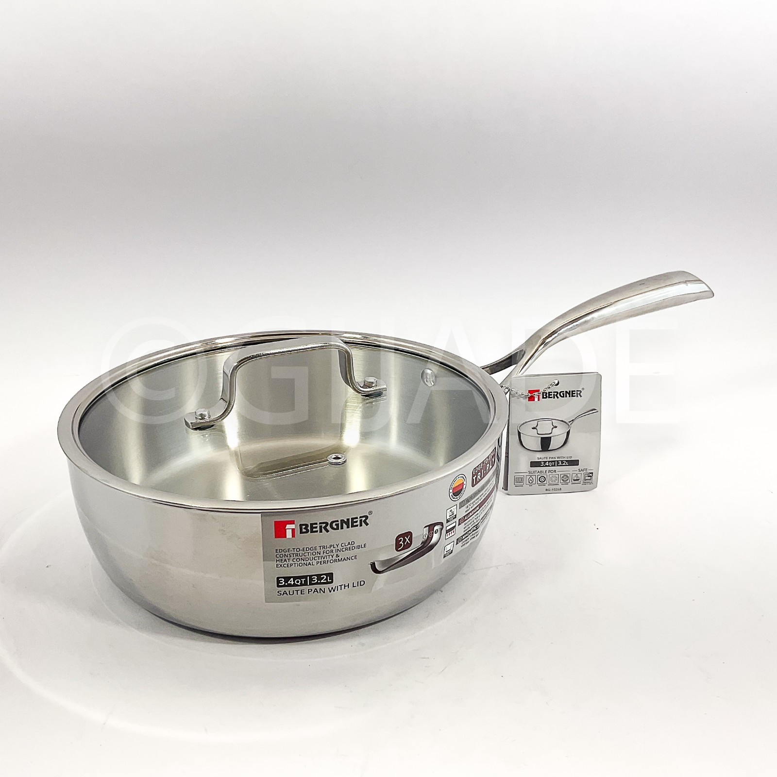 Bergner Edge-To Edge Tri-Ply Stainless Steel 3.4-qt Saute Pan With Lid