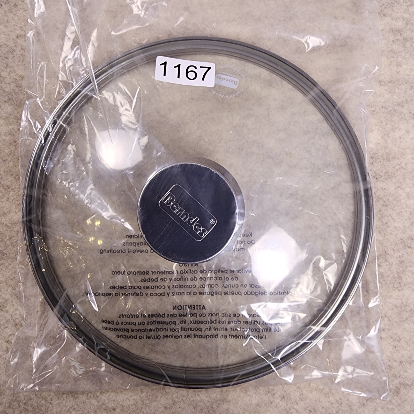 Berndes Glass Lid Round 9 3/8 Inch Stainless Steel Knob
