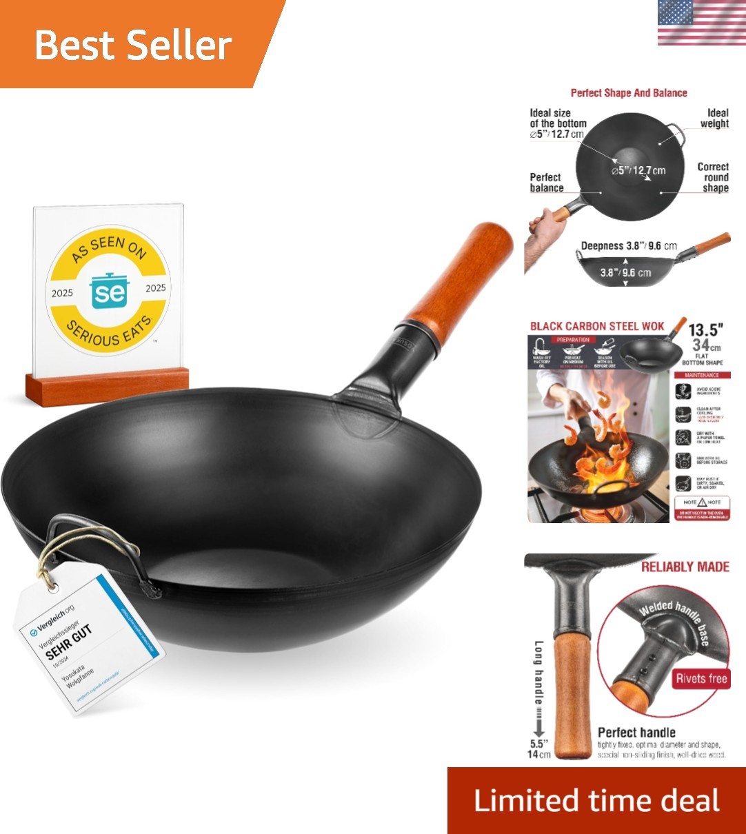 Versatile 13.5″ Black Carbon Steel Wok – Ideal for Induction & Outdoor Cooking