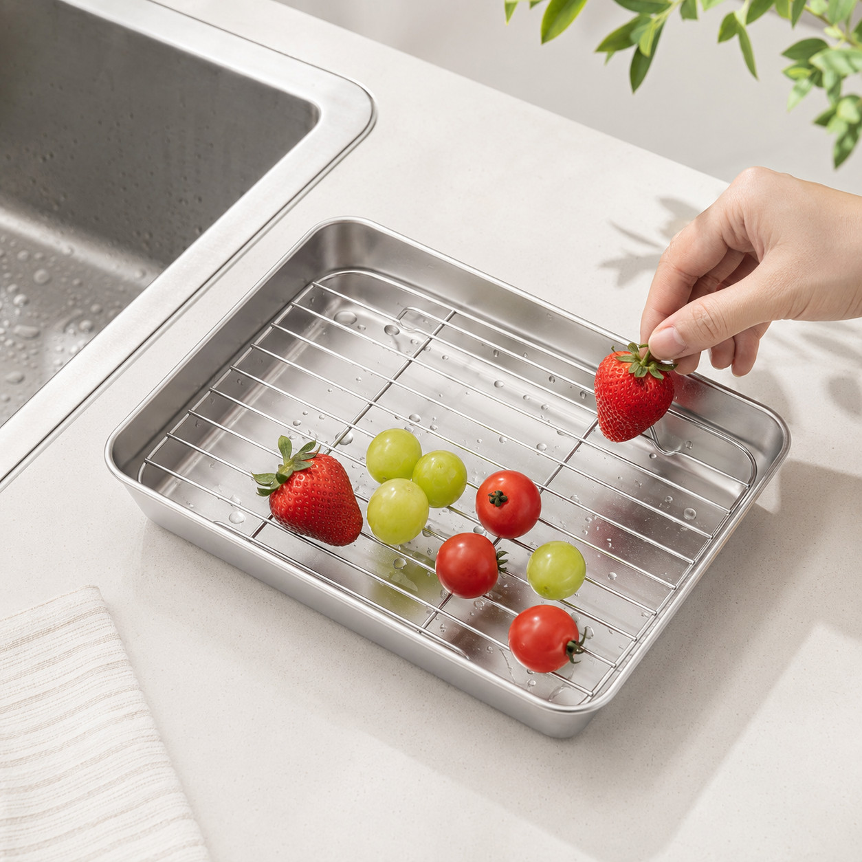 Small Stainless Steel Roasting Pan with Rack 10.16in Baking Cooling Drain Tray