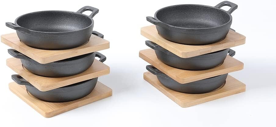HAWOK Cast Iron Mini Serving Bowl 4.7” with Bamboo Tray/Trivet, Set 6 Casseroles