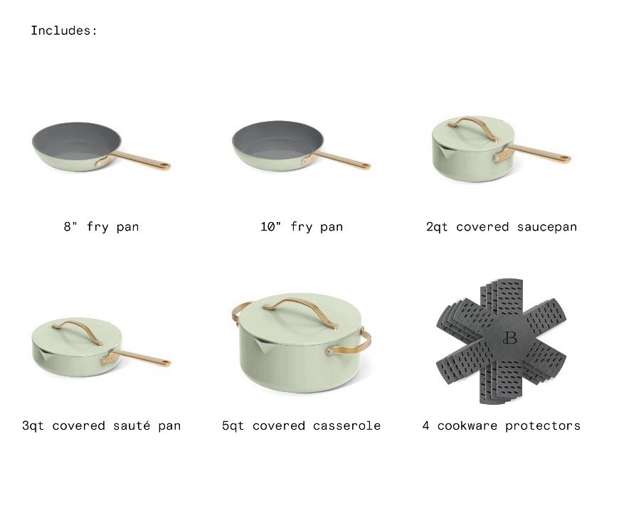 Beautiful by Drew Barrymore 12 Pc Ceramic Nonstick Cookware Set Sage Green New